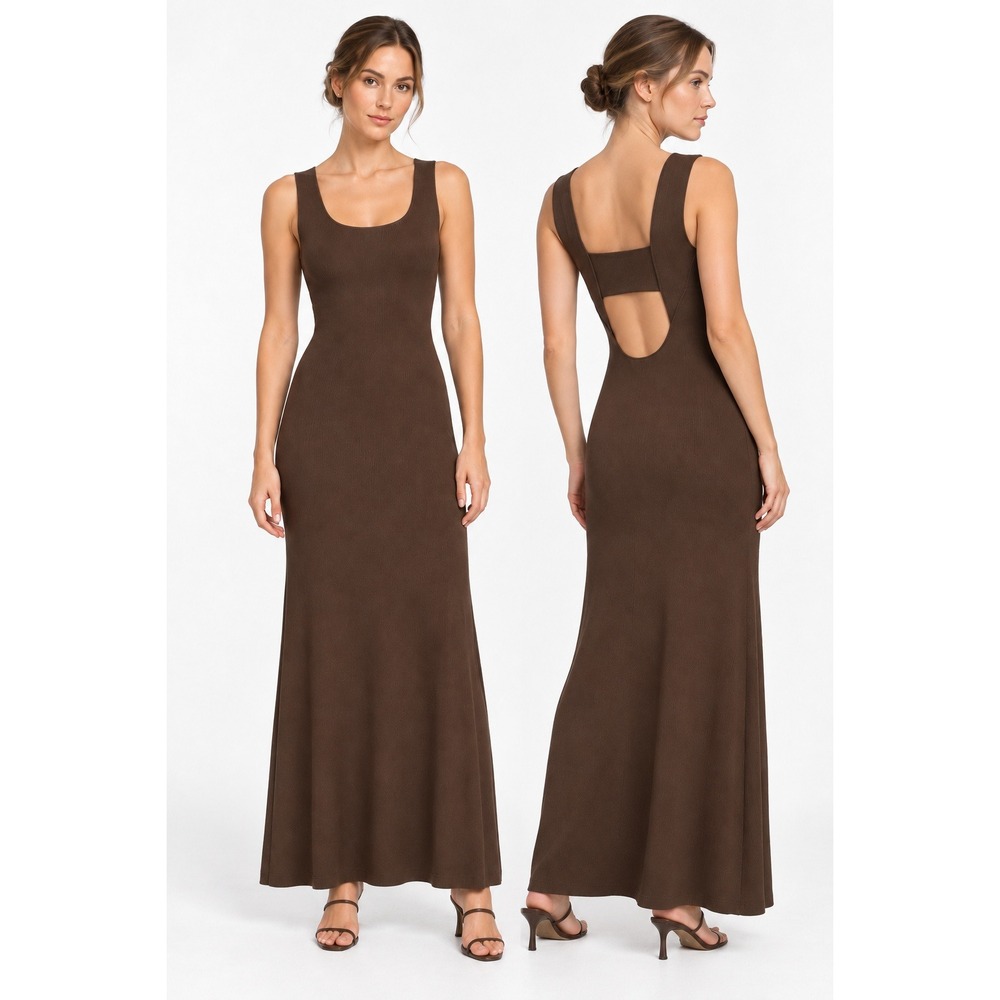 Zara Brown Knit Maxi Dress S Open Back Cutout Sleeveless Chocolate Minimalist‎